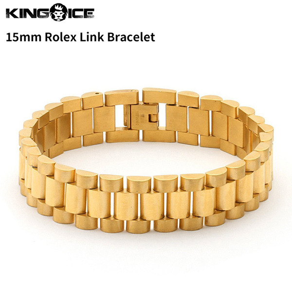 【チェーン幅 15mm、長さ 9インチ】King Ice キングアイス ロレックスリンクチェーン ブレスレット ゴールド 15mm Rolex Link Bracelet
