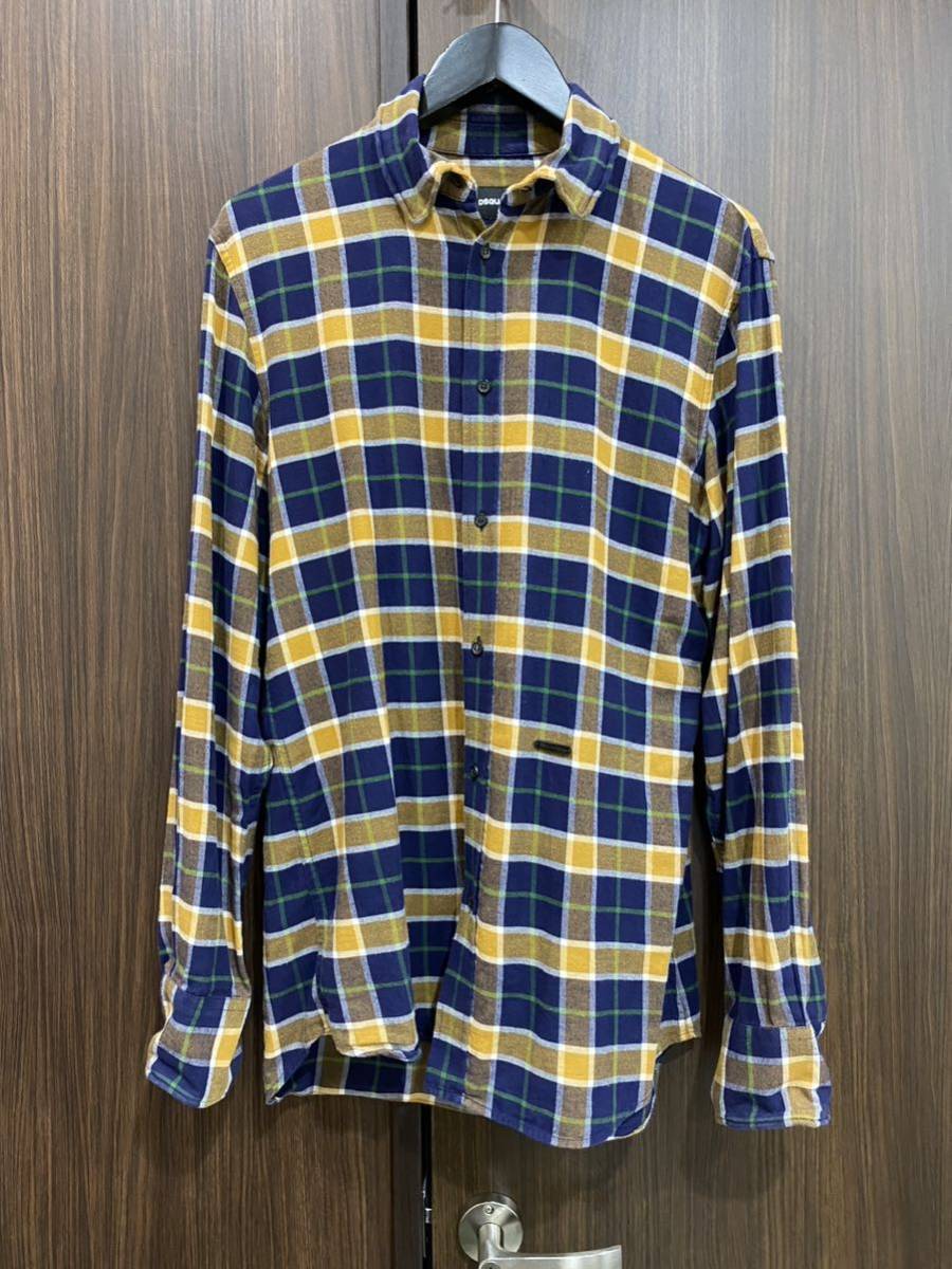 極美品　定価8万　DSQUARED2 ディースクエアード チェックシャツ　コットン　46　イタリア製　ネイビー系　ワイヤー
