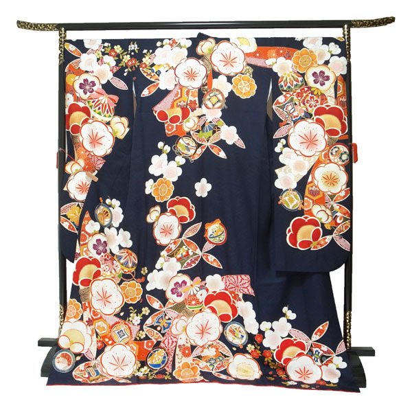  long-sleeved kimono kimono . gold paint processing gold piece embroidery dark blue navy . white plum Sakura coming-of-age ceremony wedding silk silk ....71 3L LLL TL used brand new sn1076