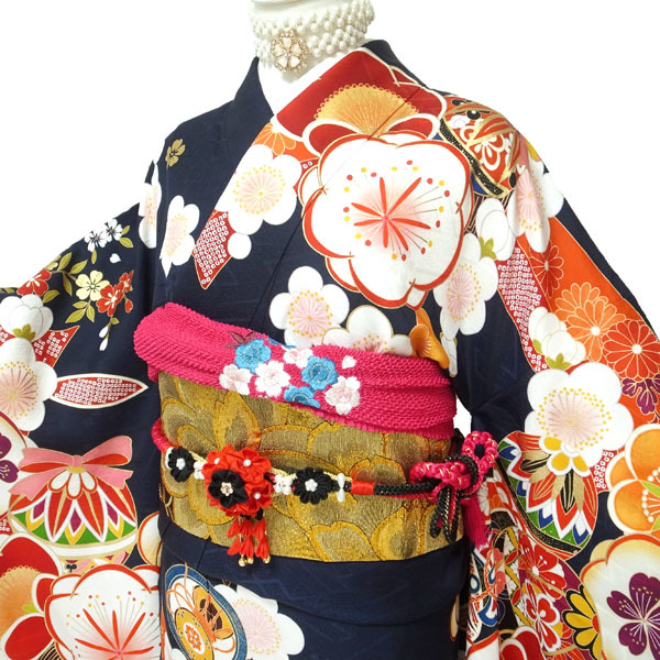  long-sleeved kimono kimono . gold paint processing gold piece embroidery dark blue navy . white plum Sakura coming-of-age ceremony wedding silk silk ....71 3L LLL TL used brand new sn1076