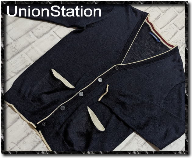 美品！！★UNION STATION　ユニオンステーション　麻ニットカーディガン　濃紺★_画像1