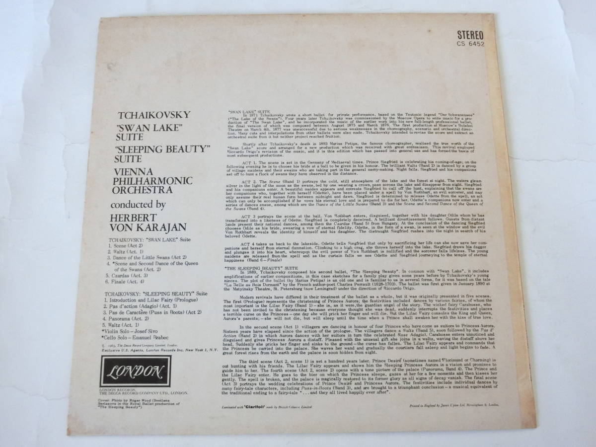 カラヤン ウィーン・フィルハーモニー LPレコード チャイコフスキー 白鳥の湖 眠りの森の美女 CS6452 Karajan/Swan Lakeの画像2