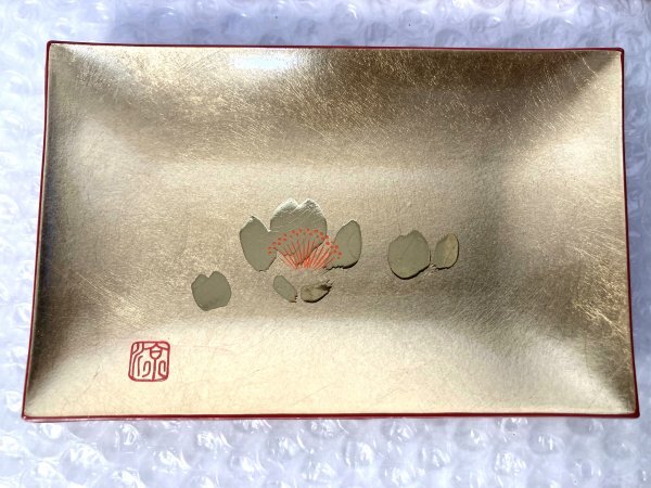 【 未使用品 金箔工芸品 長角 銘々皿 5枚 】 梅 花柄 菓子皿 和菓子 ゴールド 和食器 藤471の画像3