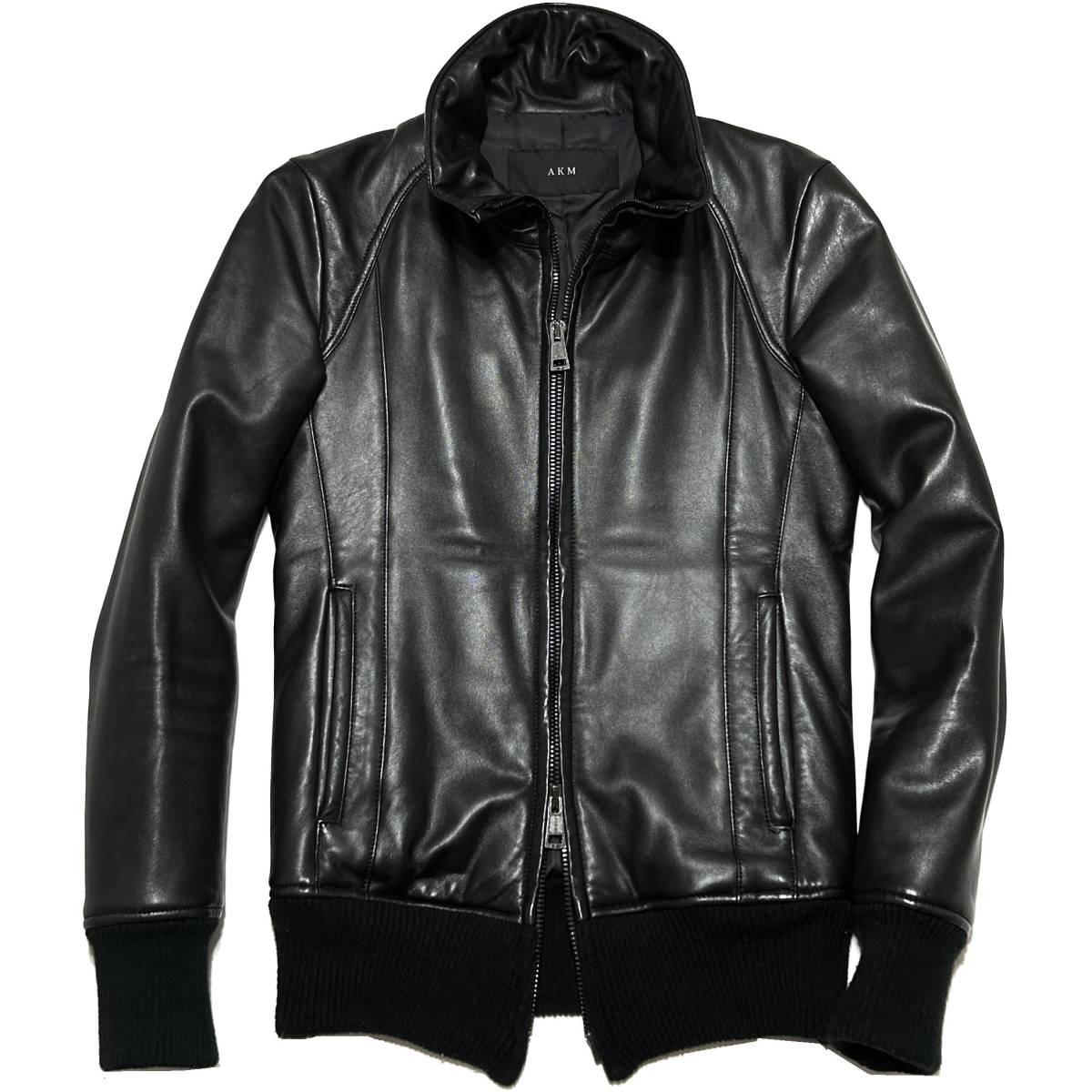 LEON掲載 定価27万 AKM RIBA ENTREFINO LAMB LEATHER STAND TRACK JACKET S 黒 美品 ラムレザースタンドトラックジャケット ライダース wjk_画像1