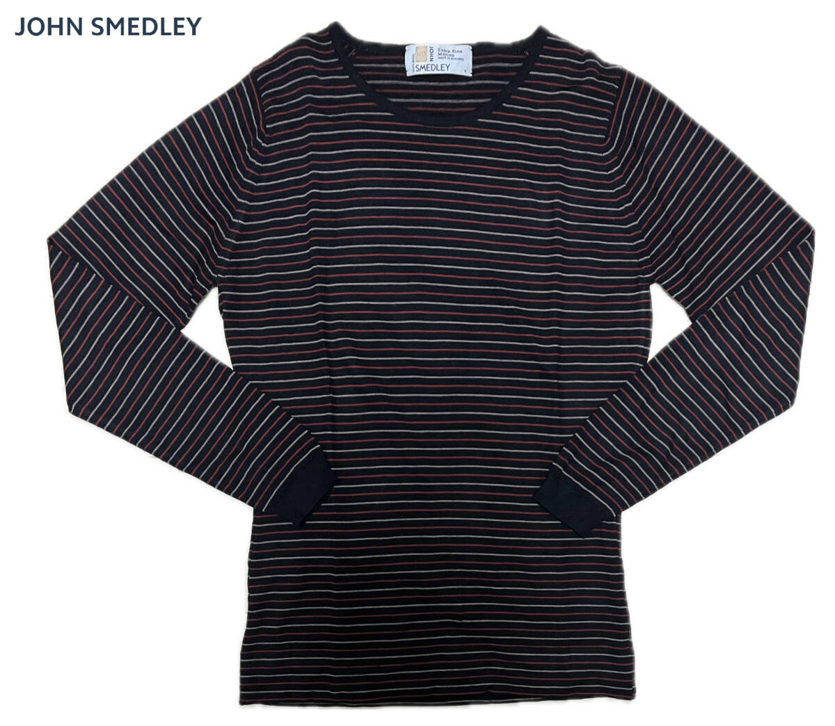 ★英国製 JOHN SMEDLEY ジョンスメドレー メリノウール ボーダー ニット セーター ブラック S イングランド製_画像1