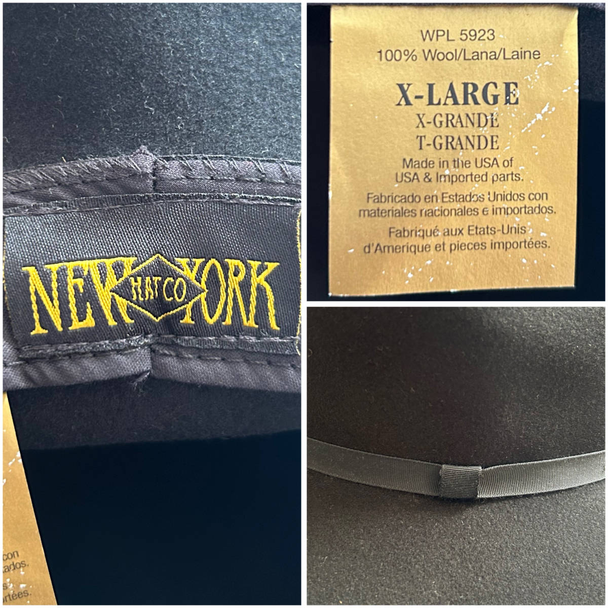 ★USA製 NEW YORK HAT ニューヨークハット 中折れ ウール ハット ブラック XL_画像4