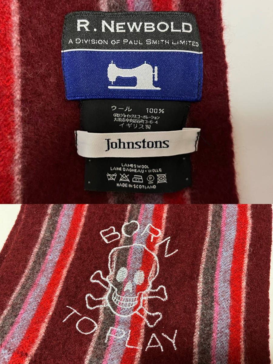 ★スコットランド製 Johnstons ジョンストンズ R.NEWBOLD別注 スカル刺繍 ラムウール ストライプ マフラー ボルドー 英国製_画像3