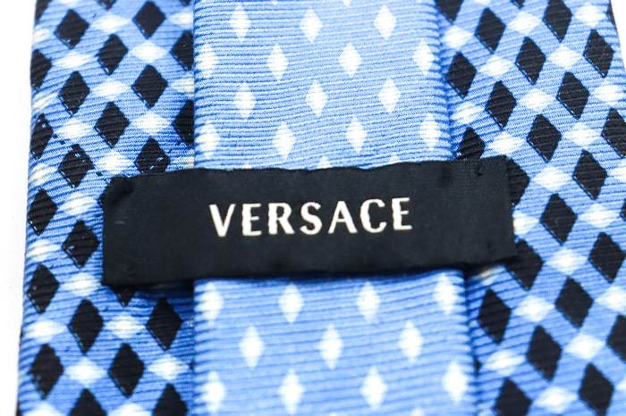 Versace silk mete.-sa pattern check pattern .. pattern panel pattern Italy brand necktie men's blue VERSACE