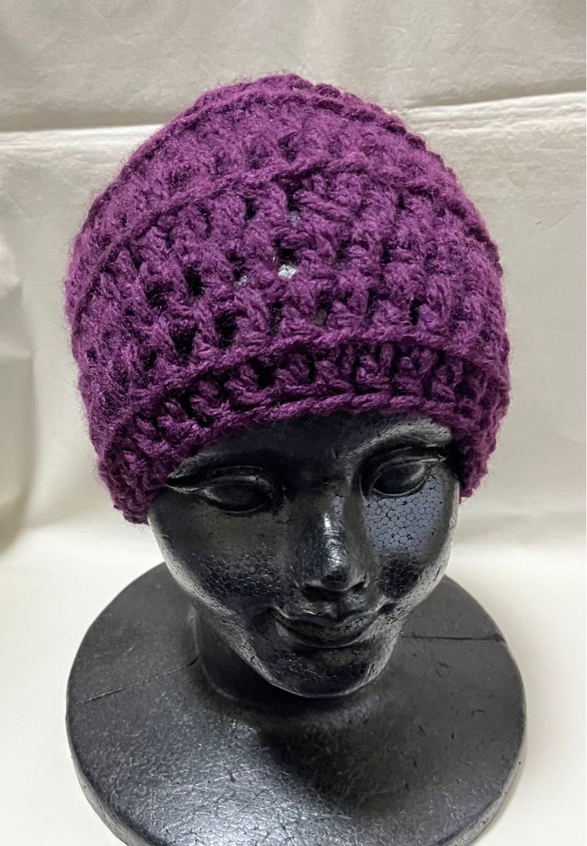 新作：紫色の手編み帽子【No.125】ＬLサイズ　お母さんシリーズ