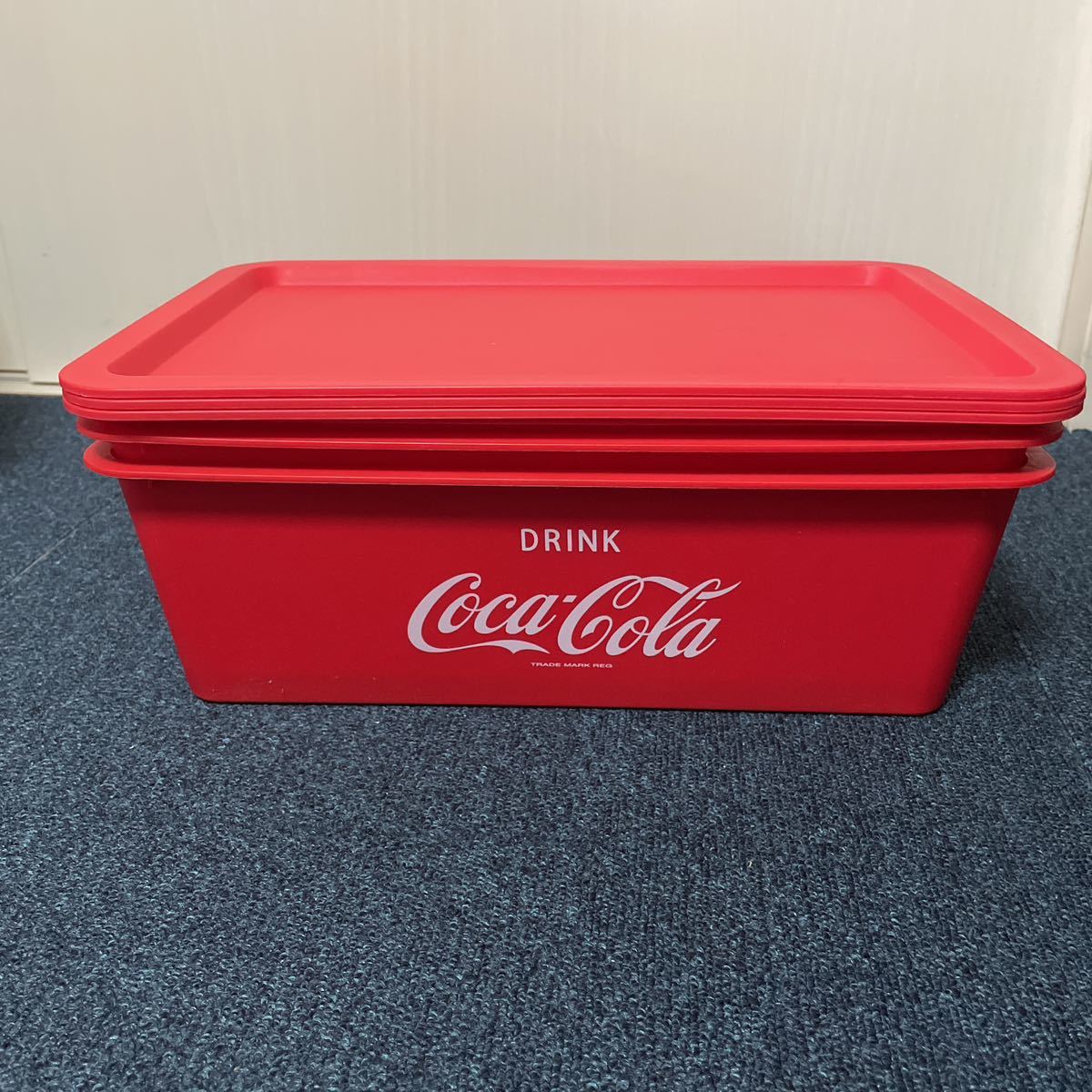 未使用 コカ コーラ フタ付き スクエア 収納 BOX 浅型 レッド 3個セット プラスチック バスケット ボックス Coca - Cola_画像4