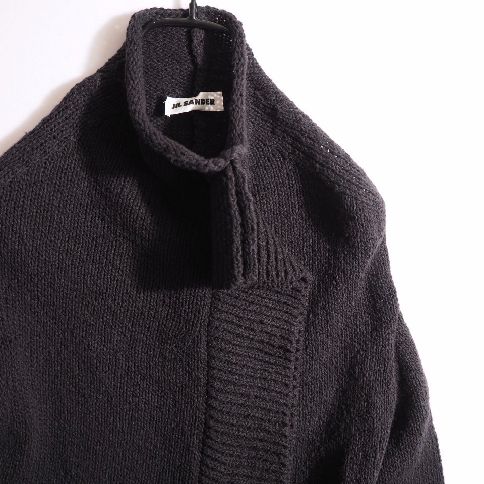 x6018P　▼JIL SANDER ジルサンダー▼　21AW ハイネック フロントドレープ フリル ウールコットンニット ブラック 34 黒 秋冬 rb mks