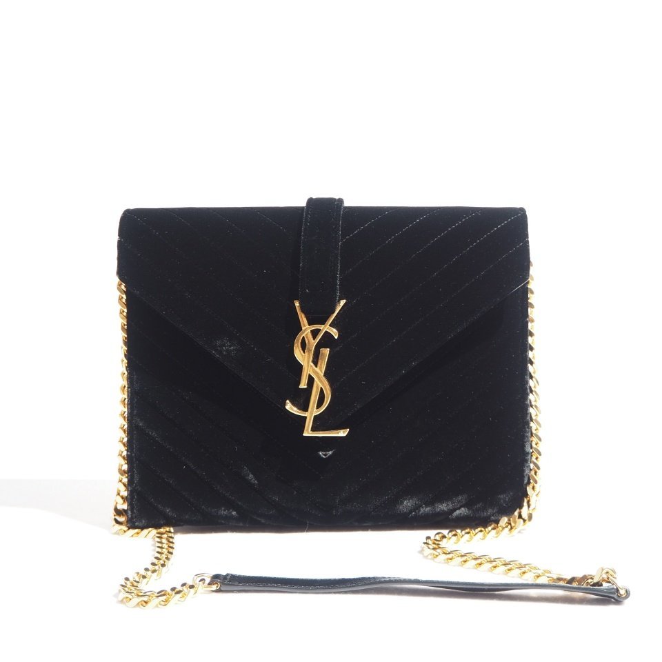 J8880P　▼SAINT LAURENT PARIS サンローランパリ▼ ENVELOPE ミディアム カサンドラ ベロア チェーン ショルダーバッグ ブラック rb mks