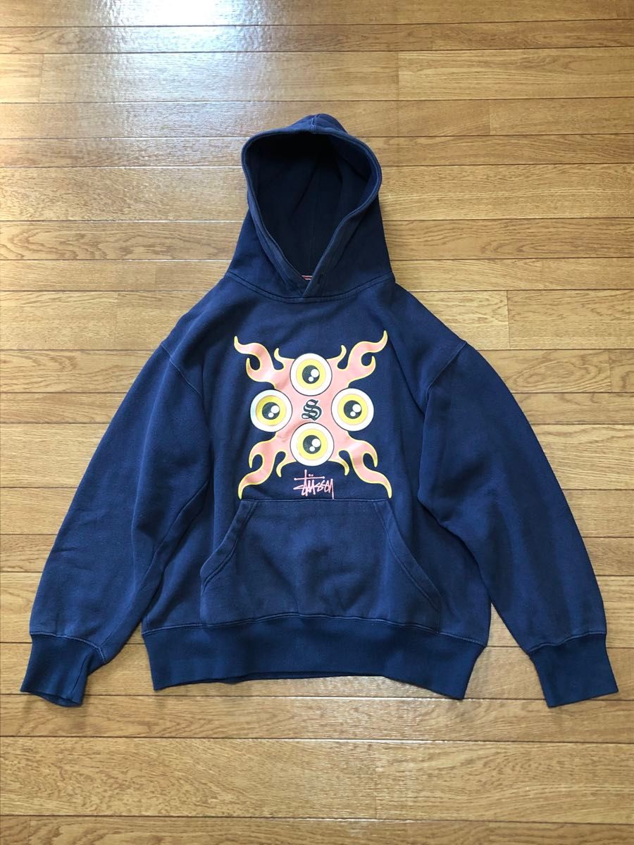 old stussy 90s USA製 Mサイズ フーディー パーカー 紺タグ 赤青タグ フェード ビンテージ プリント