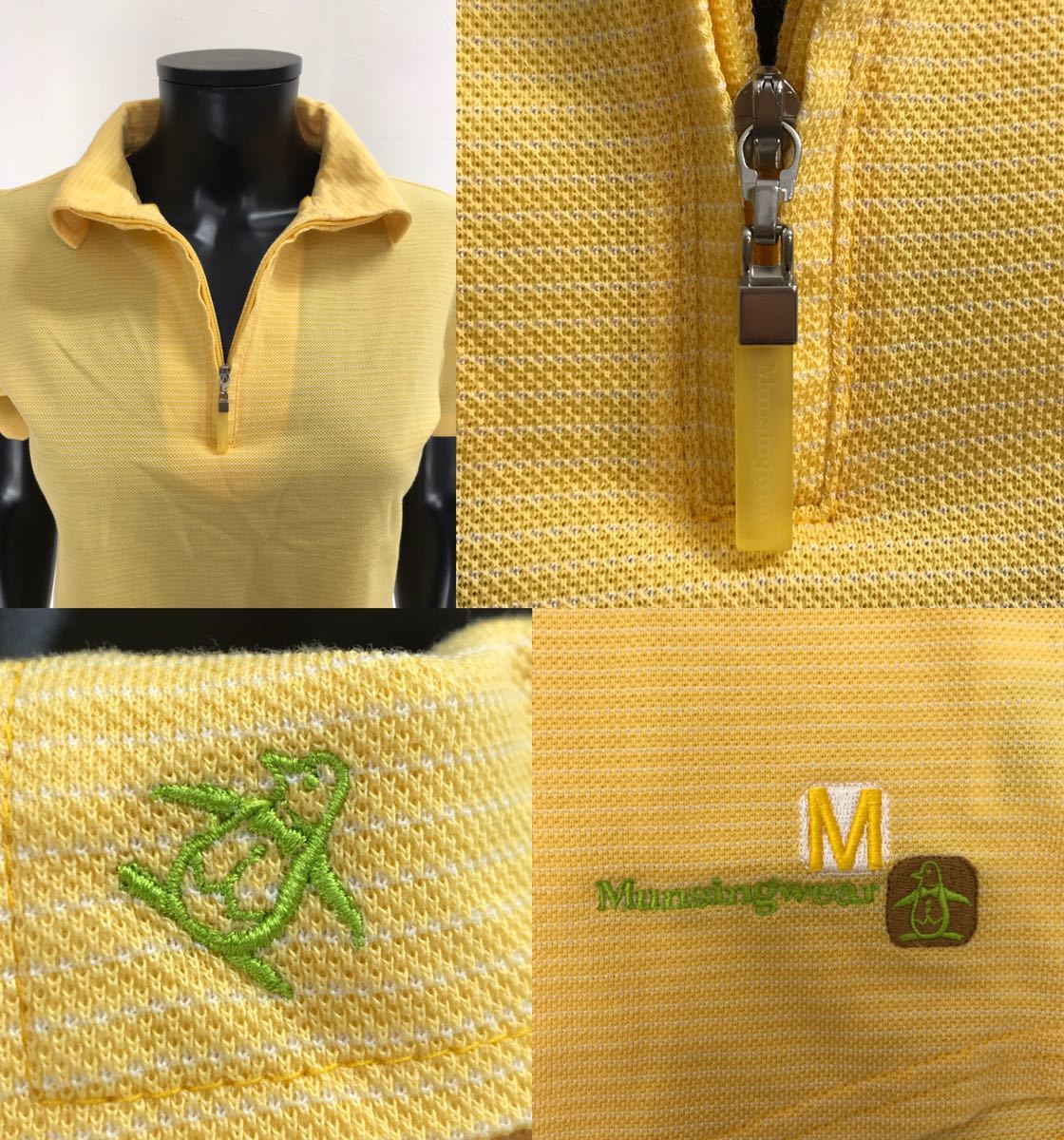 【USED】Munsingwear マンシング 綿 ハーフジップ ハイネック 半袖 シャツ ロゴ刺繍 イエロー 黄 レディース M ゴルフウェア_画像7