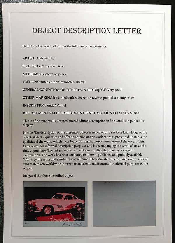 アンディ・ウォーホル 証明書 直筆サイン シルク「Car(pink)　10/250」真作_画像6
