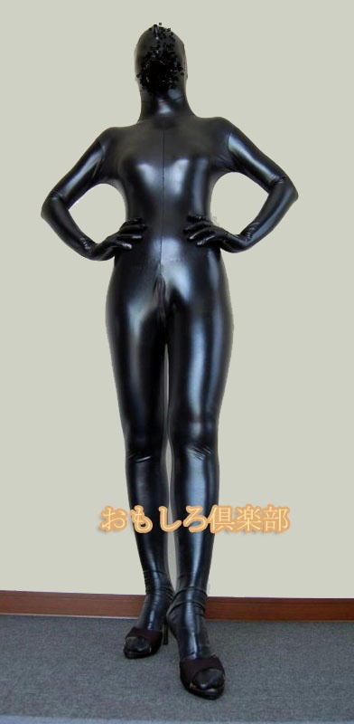 光沢 メタリック 全身タイツ 6頭ファスナー 黒色  Zentai 男性M号の画像2