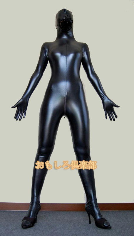 光沢 メタリック 全身タイツ 6頭ファスナー 黒色  Zentai 男性M号の画像3