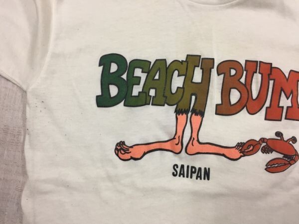 80s オールド アメカジ サーフ SAIPAN サイパン島 BEACH BUM カニ ユニーク お土産 スーベニア 半袖Tシャツ メンズ 薄手 白_画像2