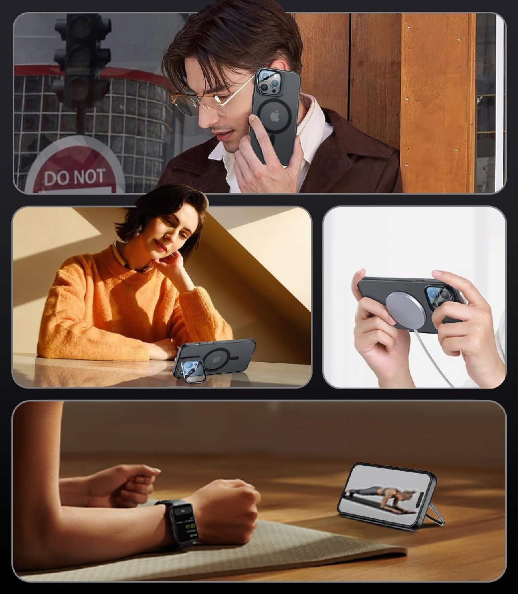 送料無料★iPhone 15 Pro ケース レンズ保護+スタンド一体 MagSafe対応 角度調整 マット半透明 (ブラック)_画像6