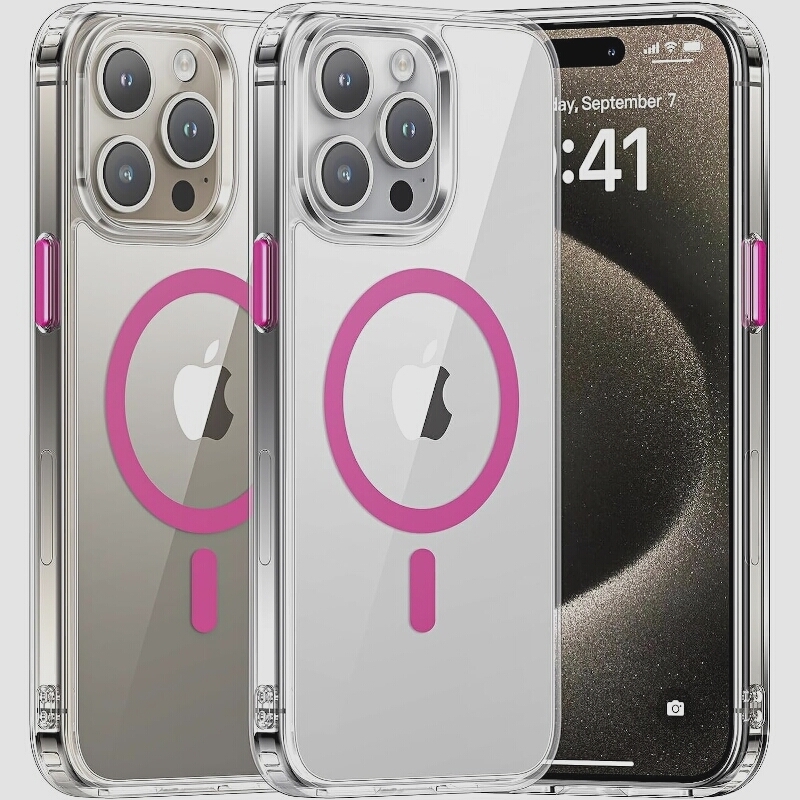 送料無料★iPhone 15Pro Maxケース MagSafe対応 バンパー カバー クリア バービーピンクのリングとボタン_画像1
