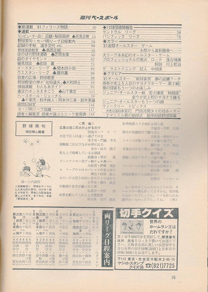  magazine [ weekly Baseball ]1981.8/10 number * all Star Mai pcs reverse side . happened ..*. rice field . full ( southern sea )/.. virtue (. person )/ middle rice field good .( Hanshin )/ stone wool ..( Seibu )*