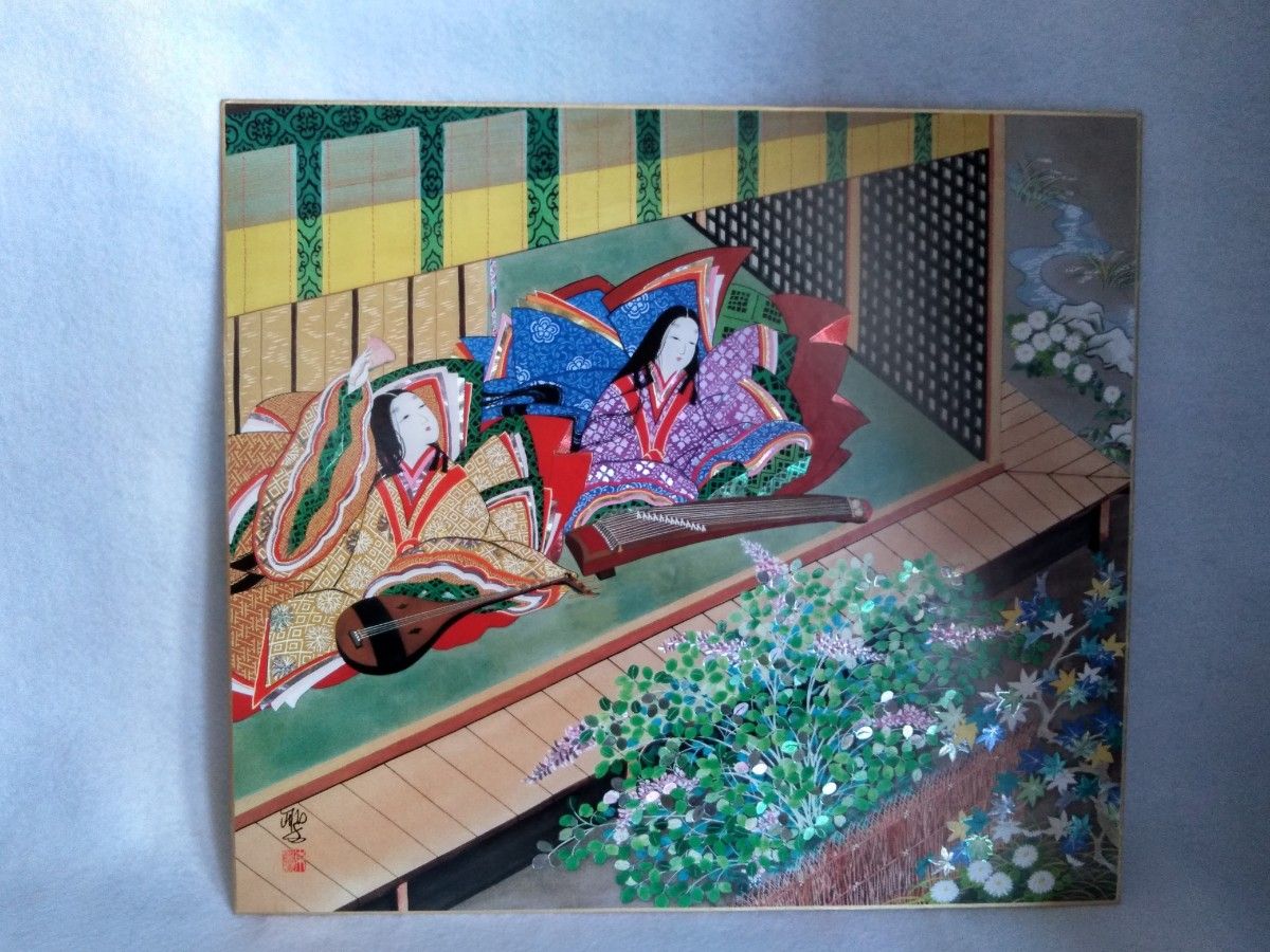 色紙（706）A　日本画　東聖観による源氏物語の色紙　高度箔押印刷　日本画
