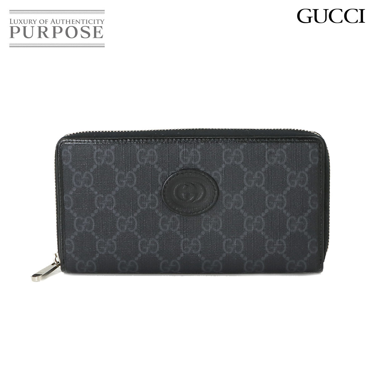 未使用 展示品 グッチ GUCCI インターロッキングG GGスプリーム ラウンドファスナー 長財布 グレー ブラック 673003 90225449