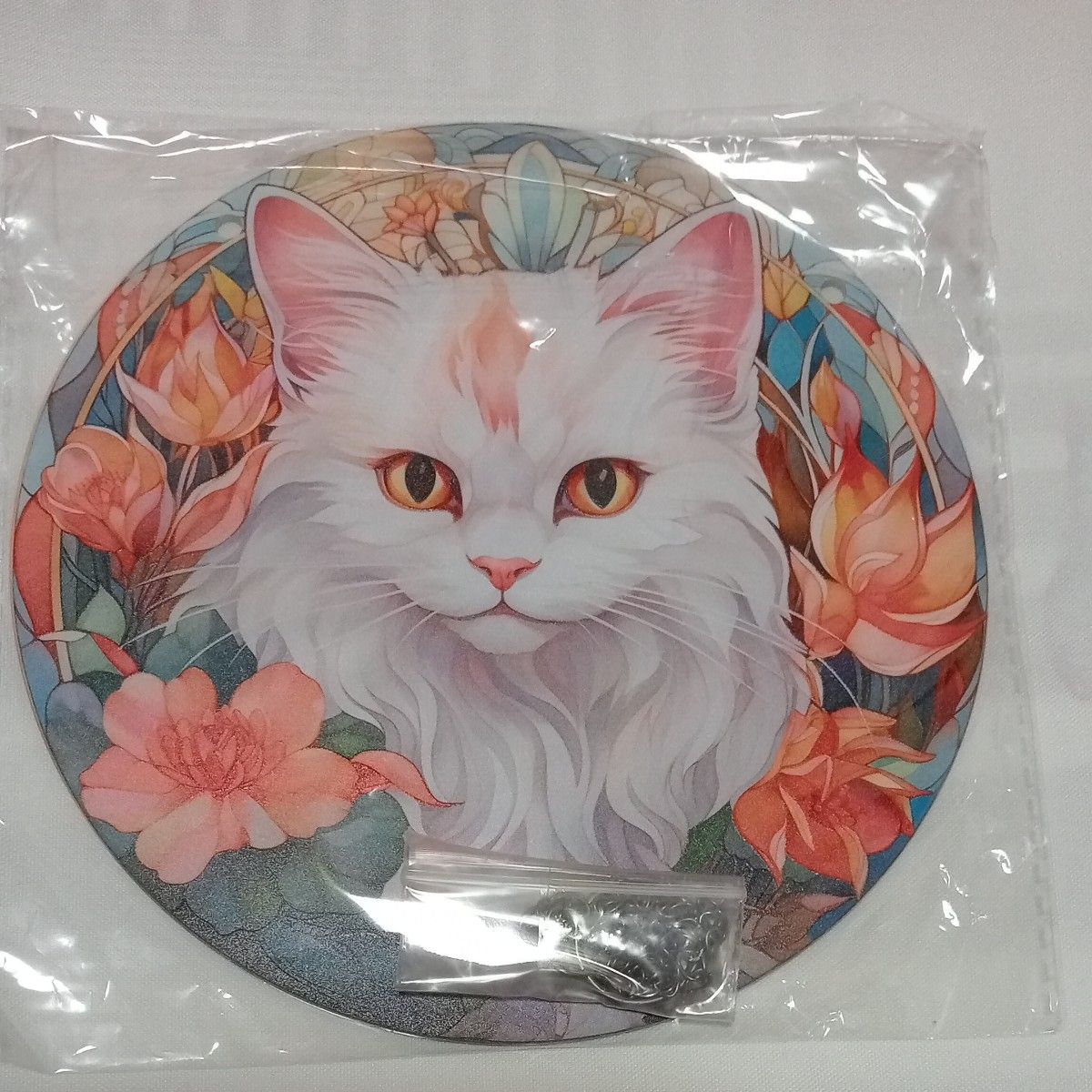 新品  ステンドグラス風壁掛け  猫雑貨  壁飾り  インテリア雑貨  猫用品  白猫 ステンドグラス  ノルウェージャン  