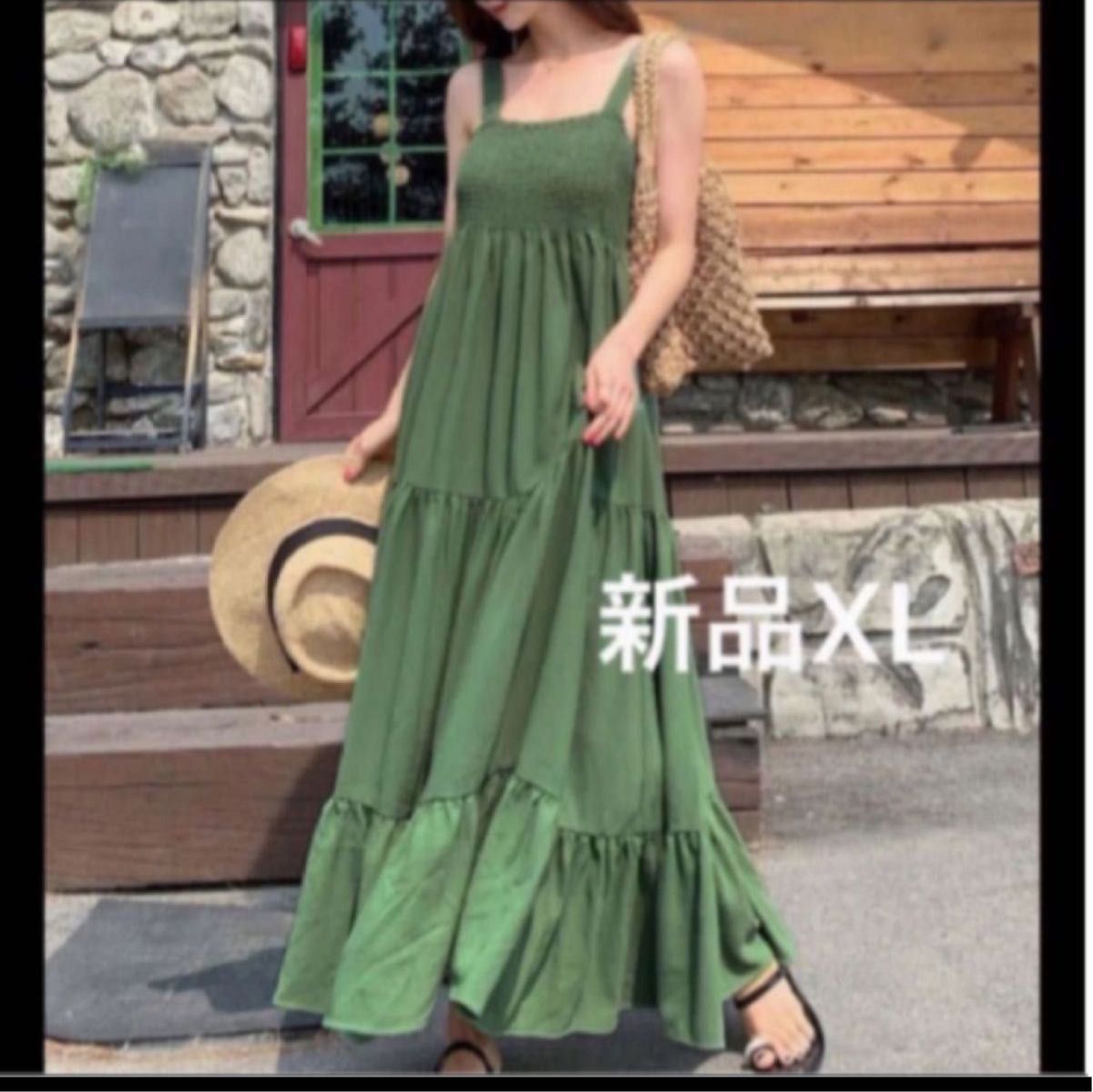 新品　 ロングワンピース マキシワンピース　キャミワンピ　夏服　薄手　グリーン　フレアスカート　大きいサイズ　XL LL 韓国風