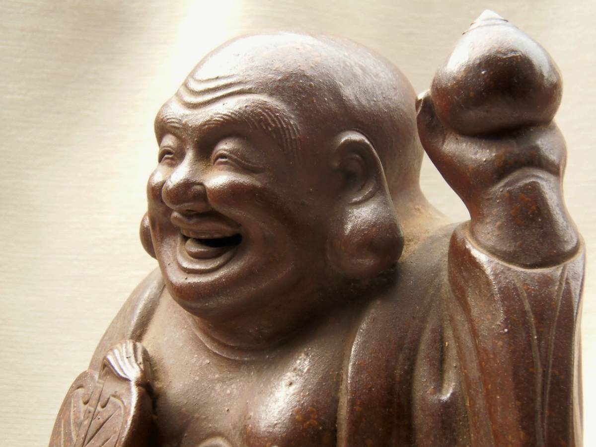高さ330 大きな 古備前 置物 布袋尊 和風 明治時代 大正時代 七福神 仏像 備前焼 縁起物 陶器 布袋 像 布袋様 オブジェ 床置