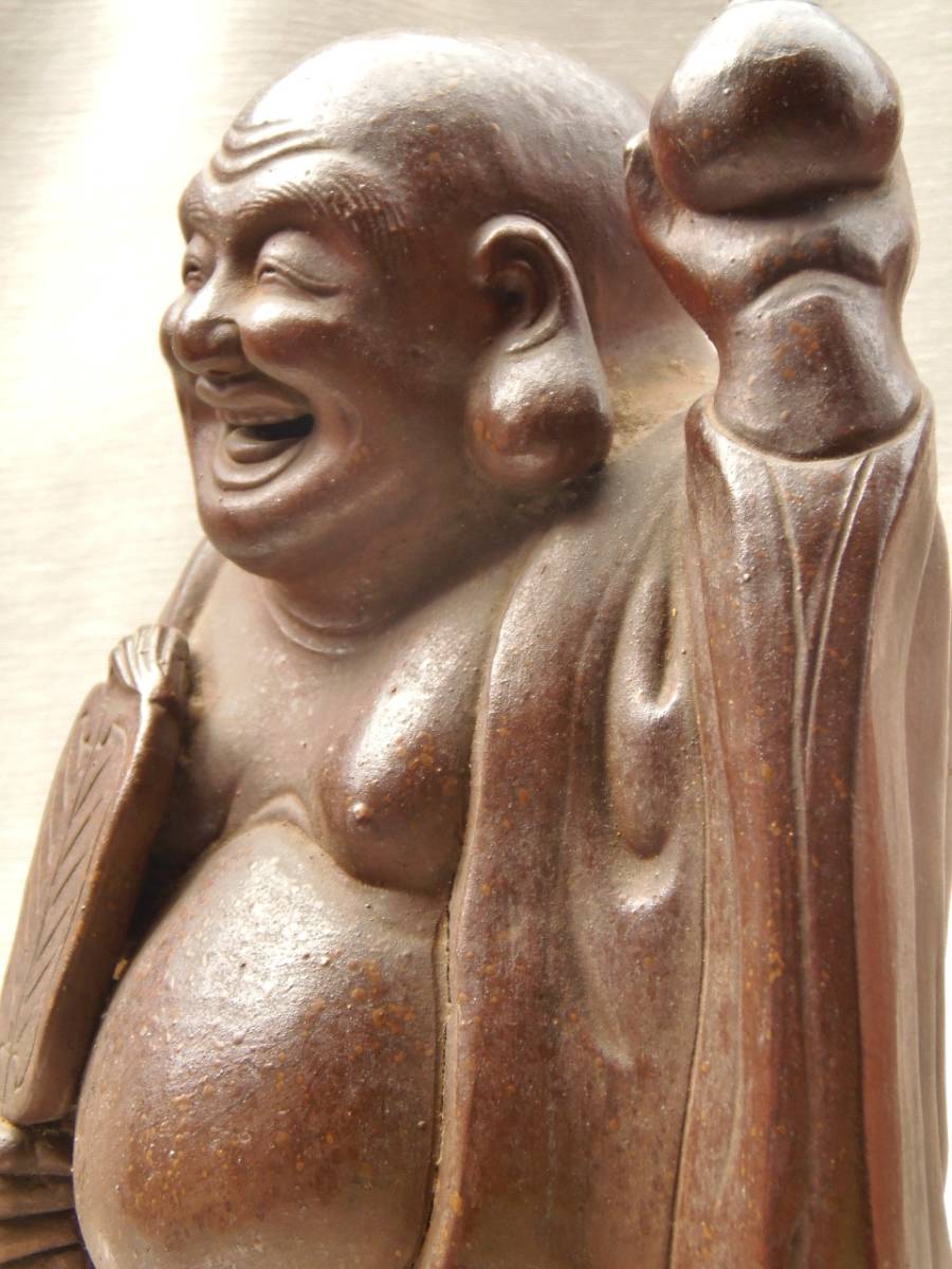 高さ330 大きな 古備前 置物 布袋尊 和風 明治時代 大正時代 七福神 仏像 備前焼 縁起物 陶器 布袋 像 布袋様 オブジェ 床置