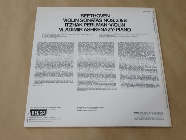 UK盤★Beethoven, Itzhak Perlman, Vladimir Ashkenazy Violin Sonatas Op.12, No.3 & Op.30, No.3★LP_画像2