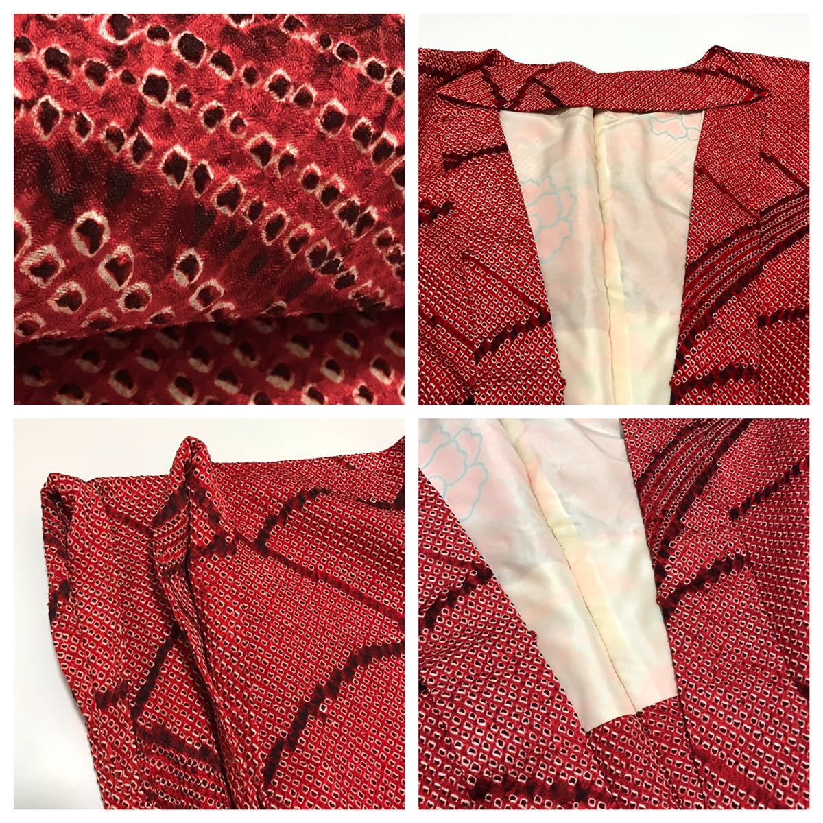 [コート]羽織 美品 正絹 赤色 総鹿の子絞り 青海波模様 袷 リサイクル着物 kimono japan