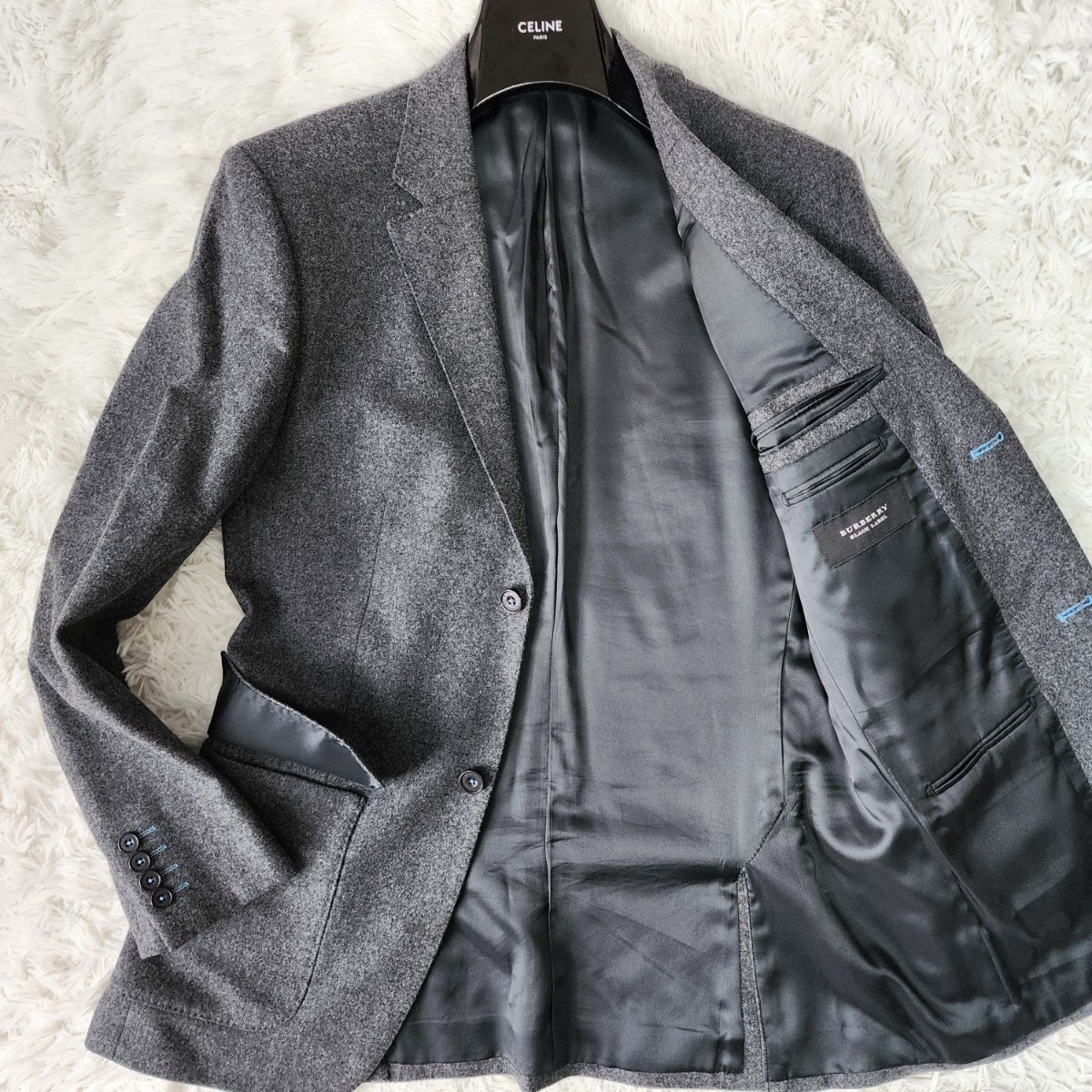 極美品 Lサイズ BURBERRY BLACK LABEL テーラードジャケット バーバリーブラックレーベル チャコールグレー 羊毛 ウール ステッチ 142_画像1