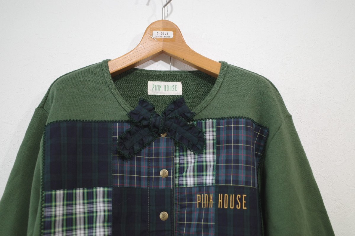 *2023 year Pink House * tartan check patchwork using snap cardigan /size:L// regular price Y31.900* old clothes. gplus Hiroshima 2402r1