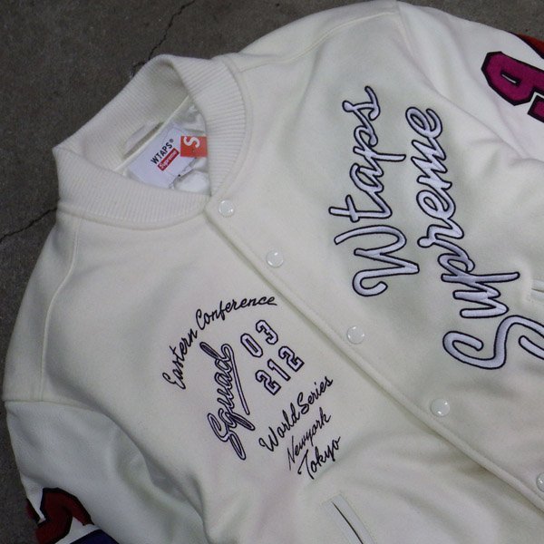 未使用品 Supreme Wtaps Varsity Jacket White S シュプリーム ダブルタップス スタジャン 袖レザー_画像4