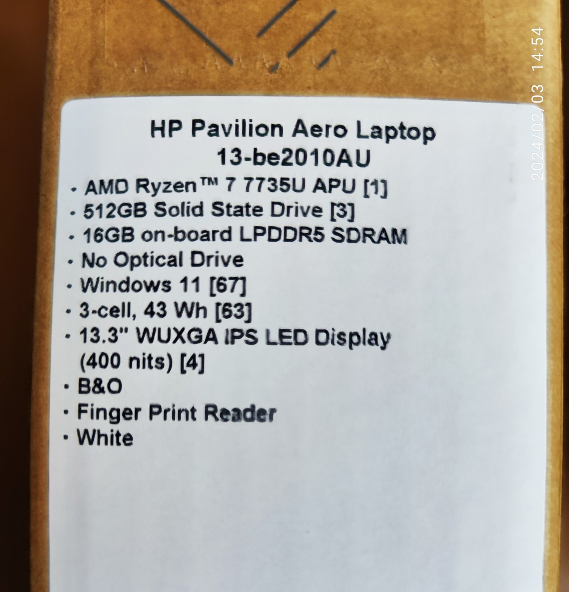 新品未開封 HP Pavilion Aero 13 【Ryzen7/16GB/512GB】 ノートパソコン 指紋認証 WEBカメラ 13.3型 1920×1200 IPS液晶 超軽量 957g_画像3