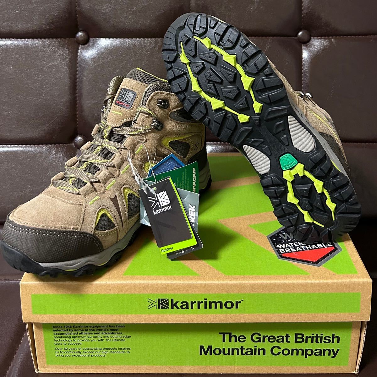  new goods!Karrimor Karrimor Mount Mid Ladies8 original leather waterproof trekking shoes 24cm taupe / green WEATHERTITE waterproof DYNAGRIP sole 
