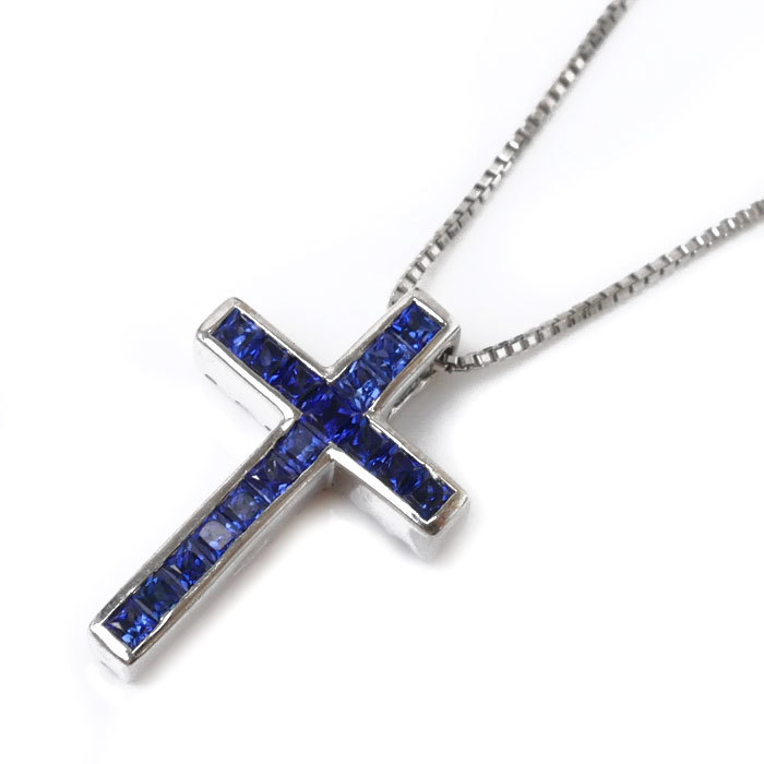 大特価 イラスト サファイア1.01ct ベネチアン ネックレス リバーシブルクロス K18WG ダイヤモンド0.22ct 中古 レディース フリーチェーン ~45cm 4.7g サファイア