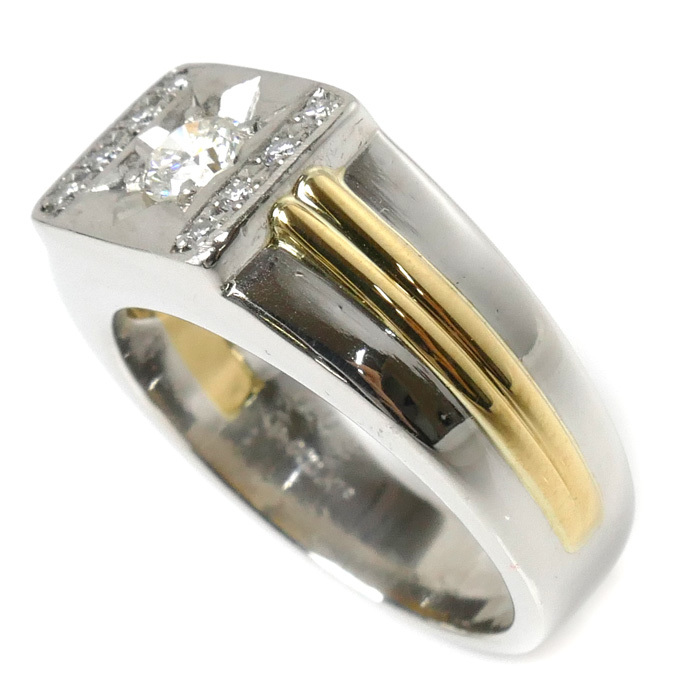 Pt900 платина K18YG желтое золото кольцо * кольцо бриллиант 0.322ct бриллиант 0.08ct 17 номер 17.7g мужской б/у прекрасный товар 