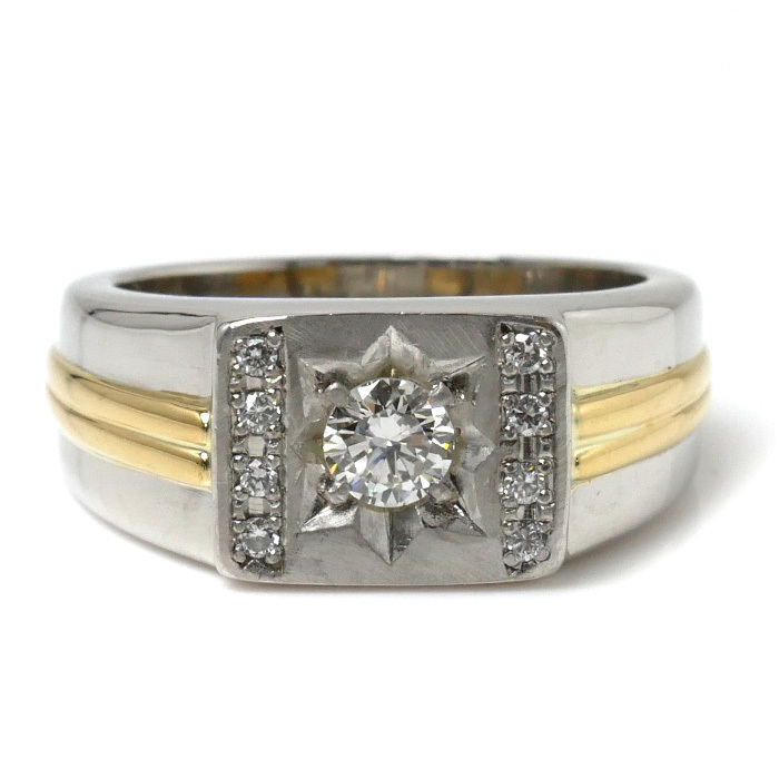 Pt900 платина K18YG желтое золото кольцо * кольцо бриллиант 0.322ct бриллиант 0.08ct 17 номер 17.7g мужской б/у прекрасный товар 
