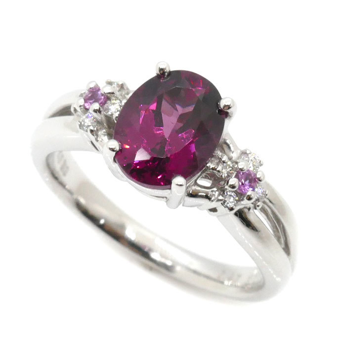 【気質アップ】 リング・指輪 ホワイトゴールド K18WG ガーネット2.47ct 中古 レディース 6.0g 15号 ピンクサファイア0.06ct ダイヤモンド0.07ct ガーネット