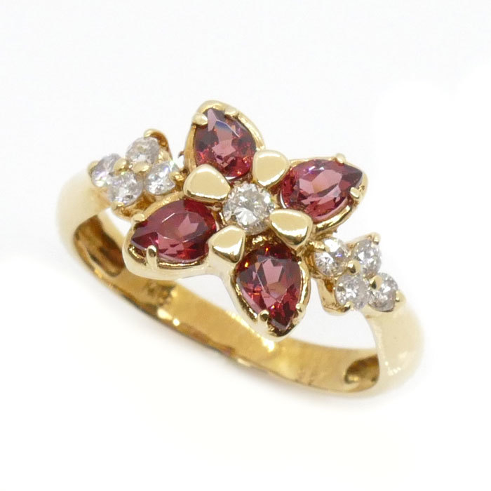 輝く高品質な ダイヤモンド0.26ct リング・指輪 フラワー イエローゴールド K18YG ガーネット 中古 レディース 3.5g 12号 ガーネット