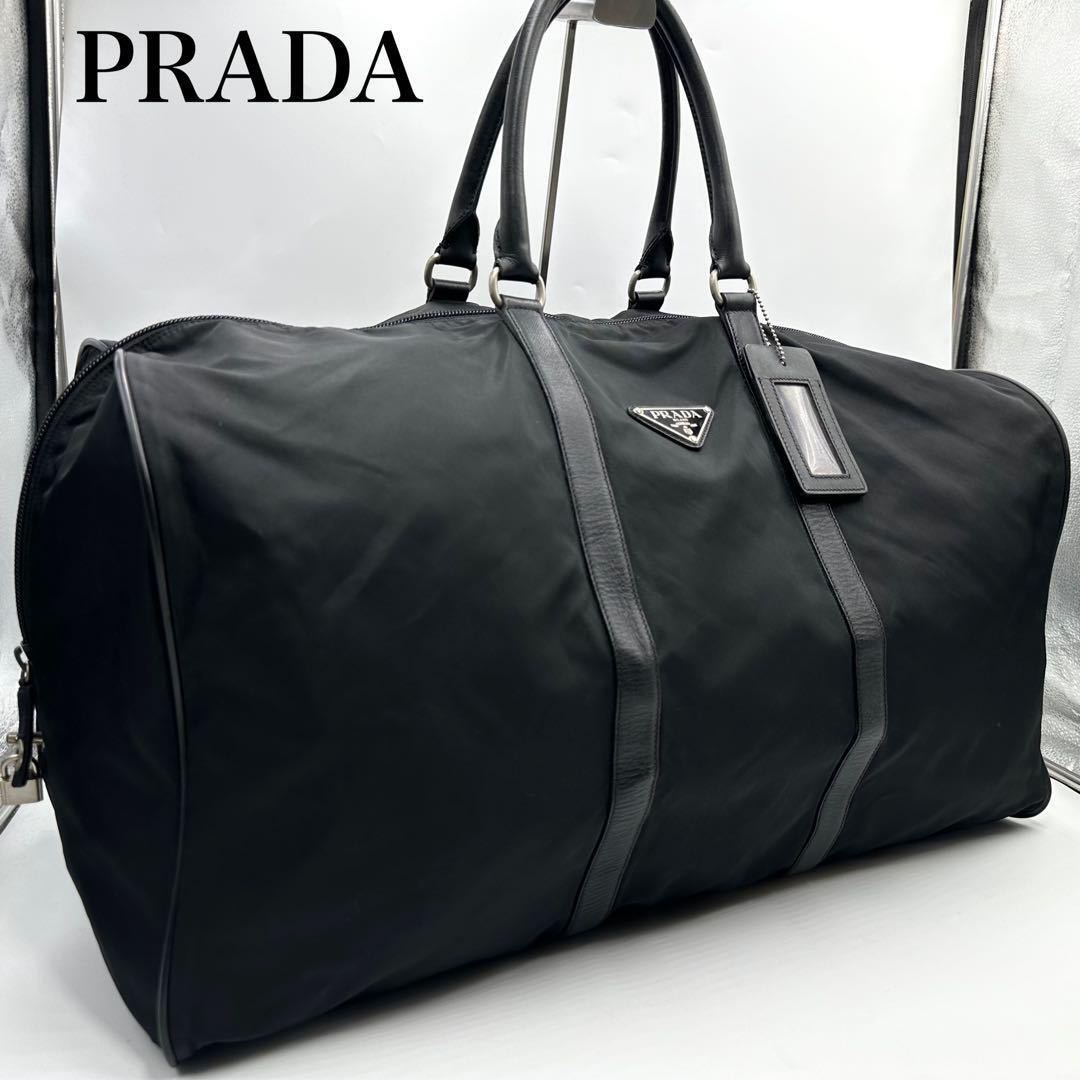 美品 PRADA プラダ 大容量 ボストンバッグ 三角タグ サフィアーノレザー 本革 テスートナイロン 黒 ブラック トラベルバッグ 旅行鞄 南京錠