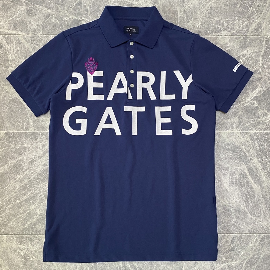 極美品 PEARLY GATES パーリーゲイツ 半袖 鹿の子 ポロシャツ メンズ 6 ネイビー ビッグ ロゴ ストレッチ 吸水速乾 ゴルフウェア C255_画像2