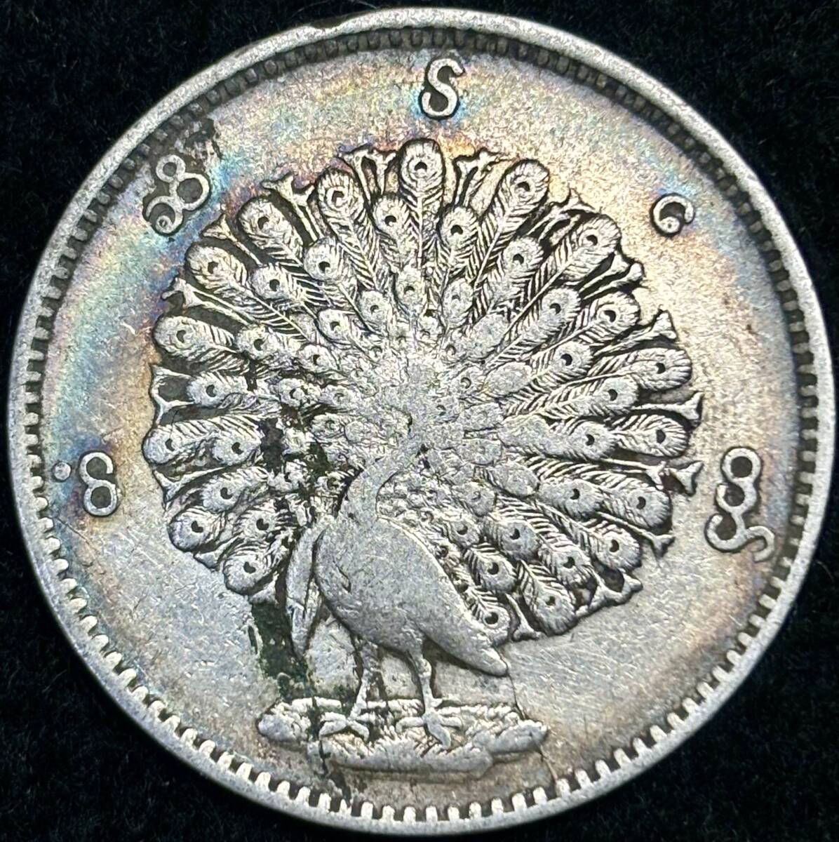 【ビルマ銀貨】(孔雀 1852年銘 11.3g 直径31mm)_画像1