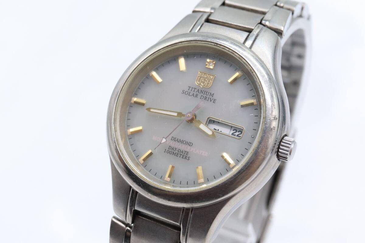 【W126-244】動作品 ELGIN エルジン チタニウム ダイヤモンド ソーラー 腕時計 FK-1201-C メンズ【送料全国一律185円】_画像1