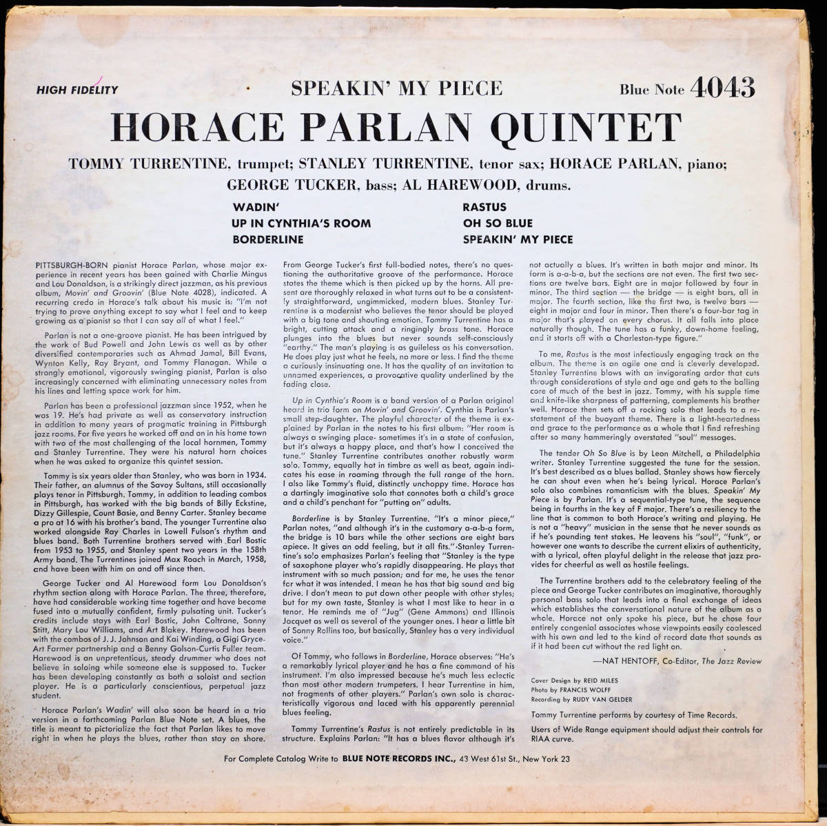 ■【US Blue Note/47W/DG/RVG/Ear/Mono/準美盤】 Horace Parlan / Speakin' My Piece　BLP4043 Bluesyなピアノとブンブンうなるベース音と_画像2