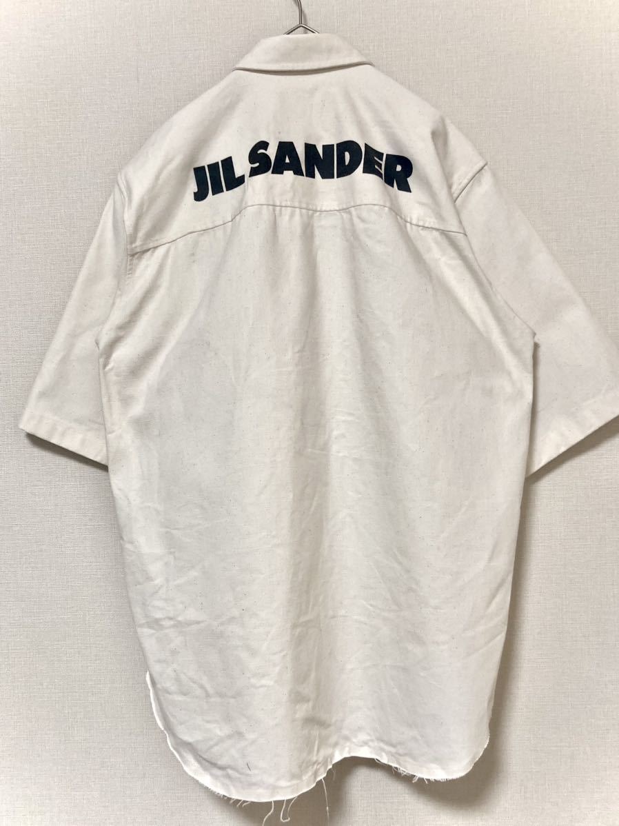 ジルサンダー　JIL SANDER ロゴ　プリント　キャンバス　シャツ　半袖　メンズ　カットオフ　コットン 38 アイボリー　比翼_画像3