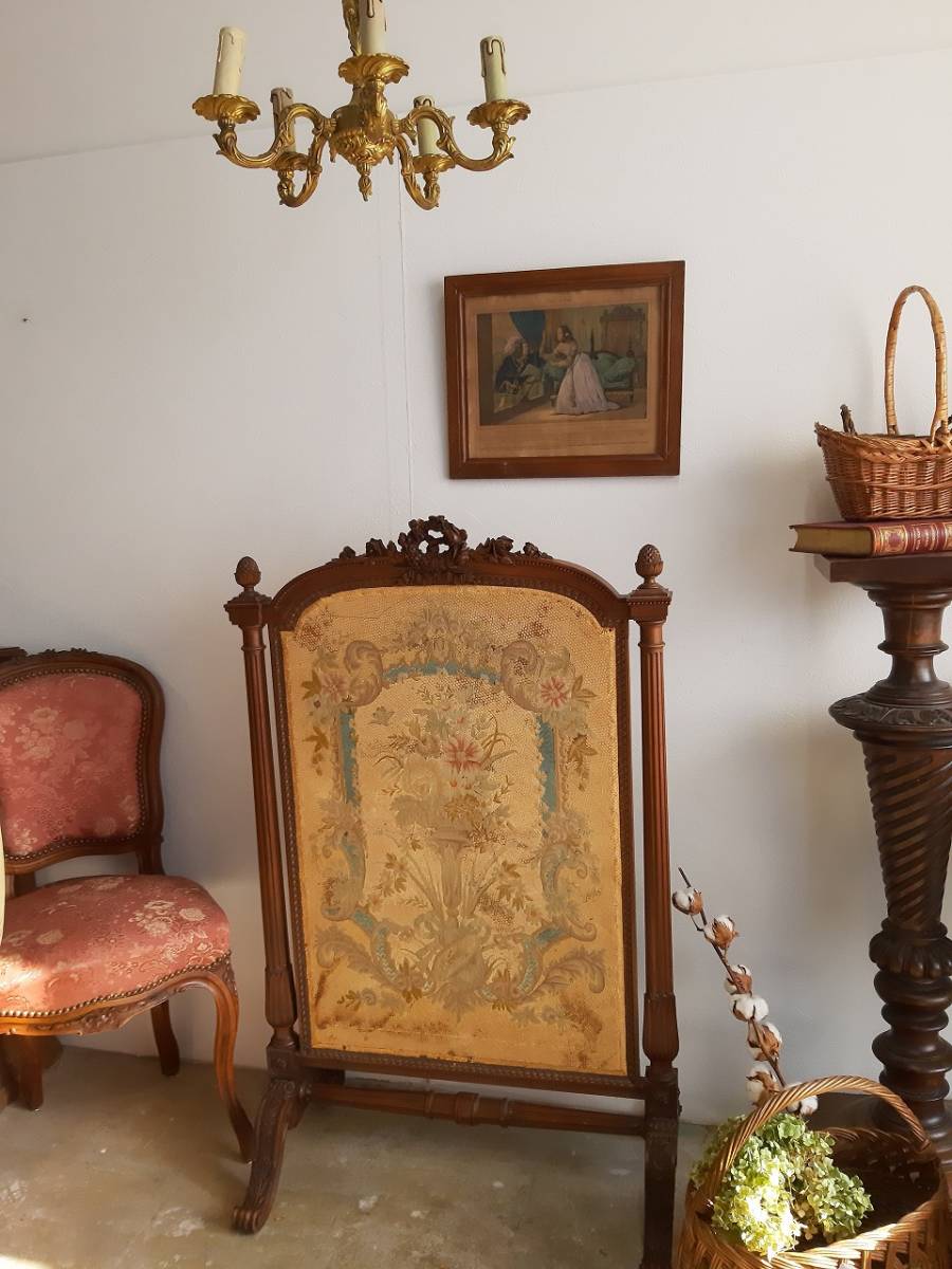 ★フランス　アンティーク　素敵な　木製　ファブリック　刺繍　ファイアプレイススクリーン　家具　1900年　リボン彫刻★_画像1